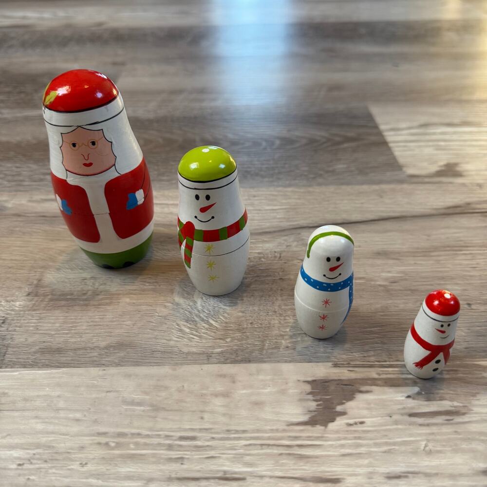 Vintage Wooden Christmas Nesting Dolls Snowman Santa Set